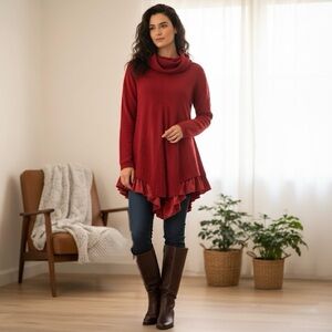 Boo Radley Rusty Red Cowl Neck Satin Ruffle Hem Long Sleeve Sweater Size Xlarge
